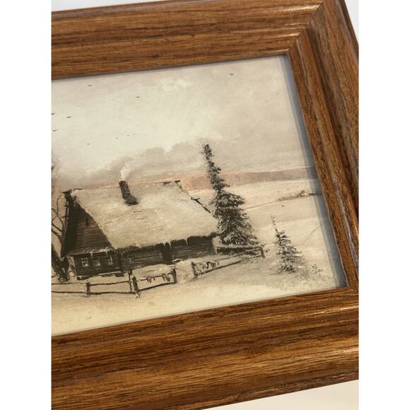 Vintage Oak Wood Frame with Winter Cabin Landscape Print Trees Snow Holiday - Picture 3 of 8